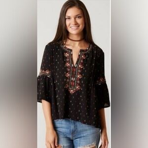 Boho Embroidered Black Peasant Blouse